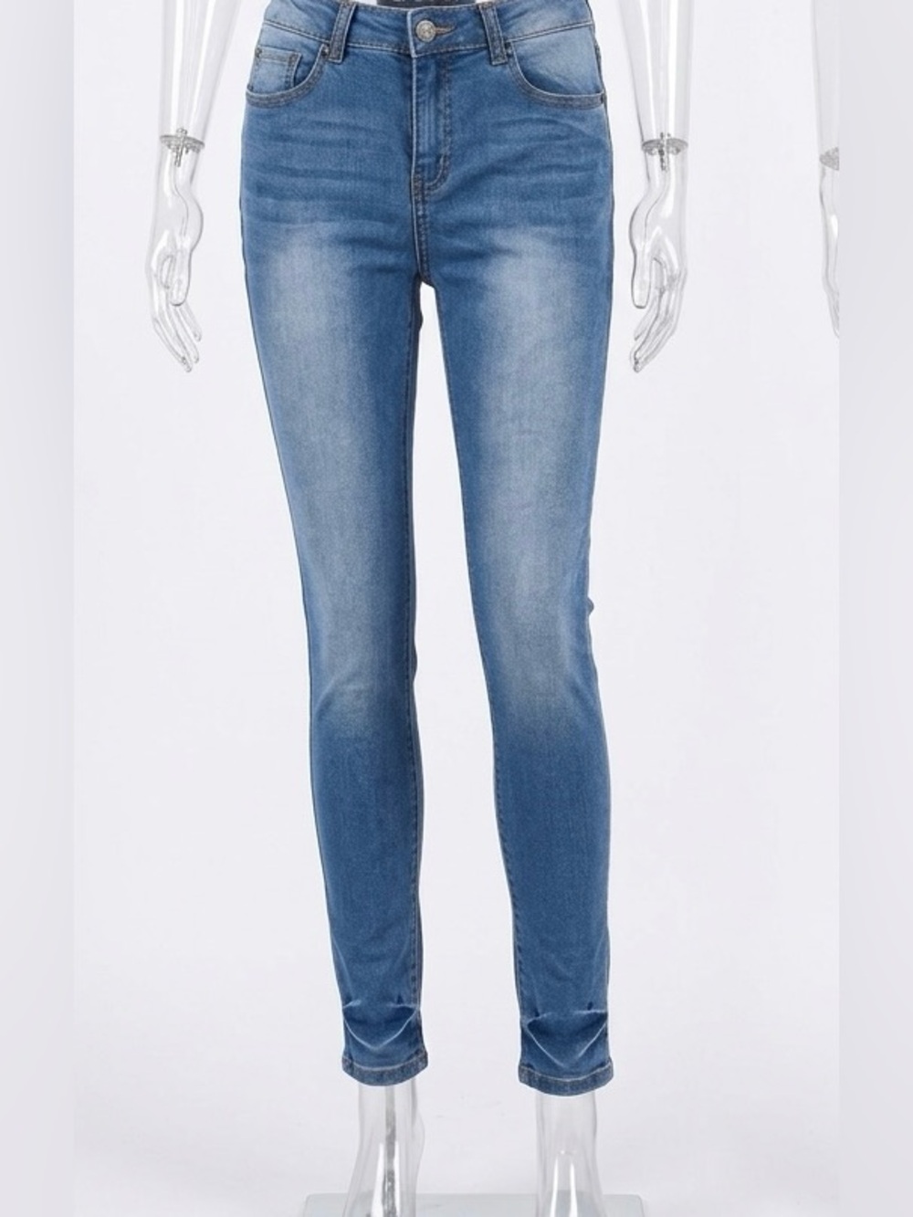 Women’s Mid Blue Skinny Jeans Stretch Faded Denim High Rise Casual Fit